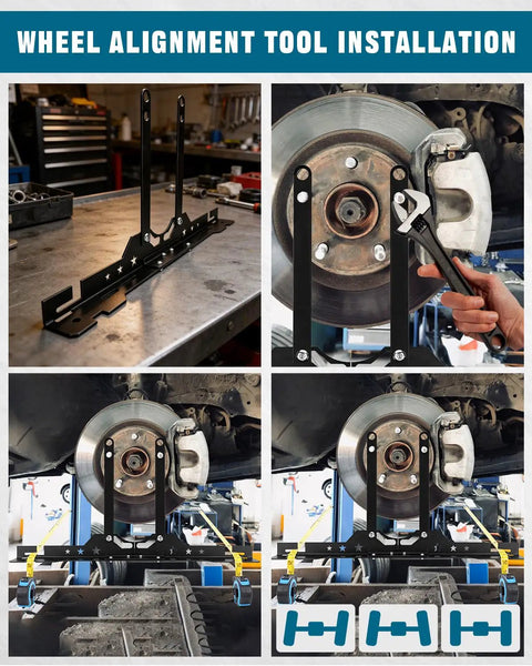 Precision Wheel Alignment Tool Kit With Toe Plates For Cars Trucks Suvs installation process showing rugged steel bracket and measurement tools.