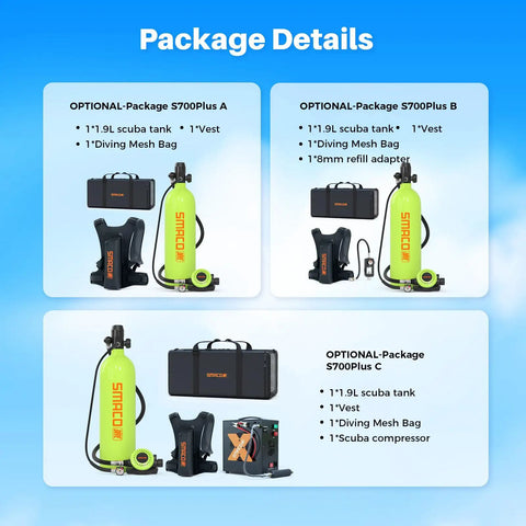 Package details for 1.9L Mini Scuba Tank Portable Pony Bottle for Underwater Exploration and Emergency Rescue with accessories