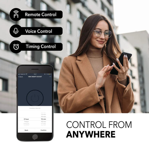 Woman using phone with Dual Outlet Smart Plug 15A WiFi Bluetooth Extender app for hands-free control, no hub needed.