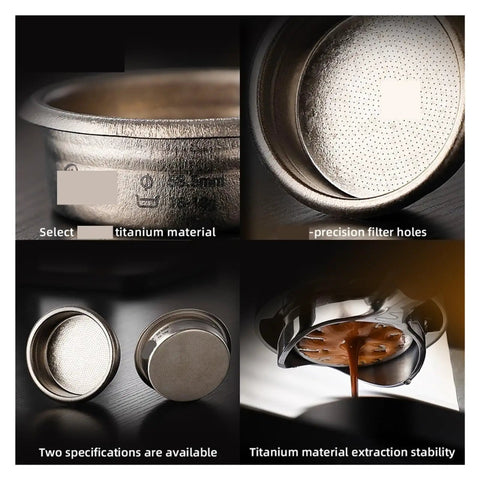 Premium Titanium Portafilter Basket 58.5mm Holds 18 To 20 Grams showing precision filter holes and detailed titanium design.