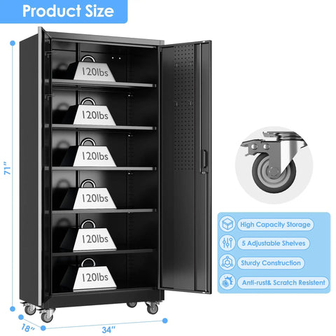 Beefy Heavy Duty Metal Storage Cabinet With Wheels And Pegboard, 71 Inch Tall Industrial Steel Cabinet, 5 Adjustable Shelves, Locking Doors