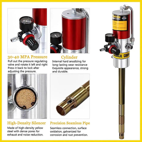 Straight Firing Heavy Duty Pneumatic Grease Pump Workhorse Kit For 55 Gallon Drums With 16 Foot Flexible Hose And Slick 50 To 1 Pressure Boost, with components showing pressure gauge and cylinder.