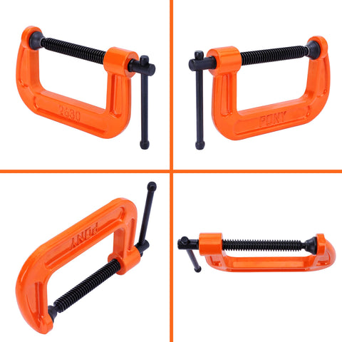 Heavy Duty Malleable Iron C Clamp Set Three Piece With 1 Inch 2 Inch And 3 Inch Jaw Openings Built For Woodworking Metalworking And Quick Home Repairs That Just Works - closeup of clamps with orange gloss finish