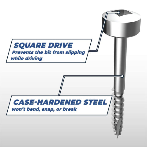 Zinc Pocket Hole Screws 1 Inch Coarse Thread Pan Head Indoor Use 100 Count Pack showing square drive and case-hardened steel features.