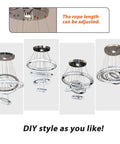 LED Crystal Chandelier With 4 Ring Design, Modern Stainless Steel Pendant Light, adjustable rings, multiple DIY shapes shown