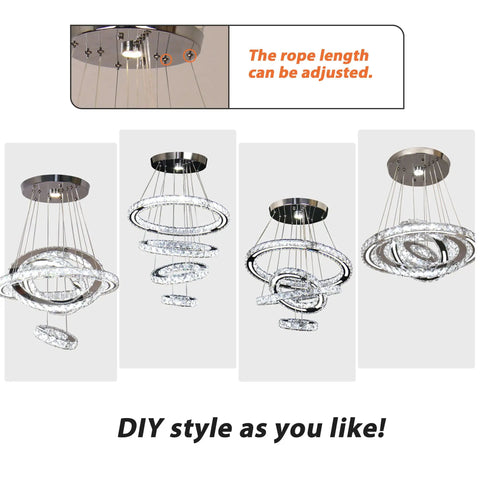 LED Crystal Chandelier With 4 Ring Design, Modern Stainless Steel Pendant Light, adjustable rings, multiple DIY shapes shown