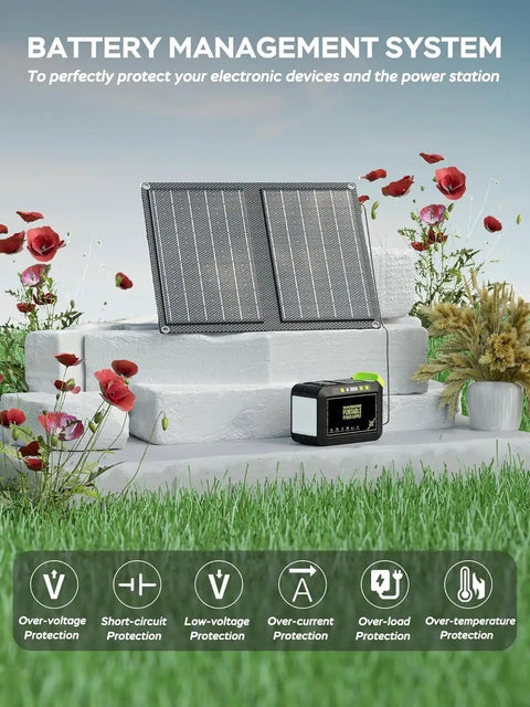 88.8Wh Portable Solar Generator With 21W Panel Included For Camping And Outdoor Adventures set on outdoor grass surface.