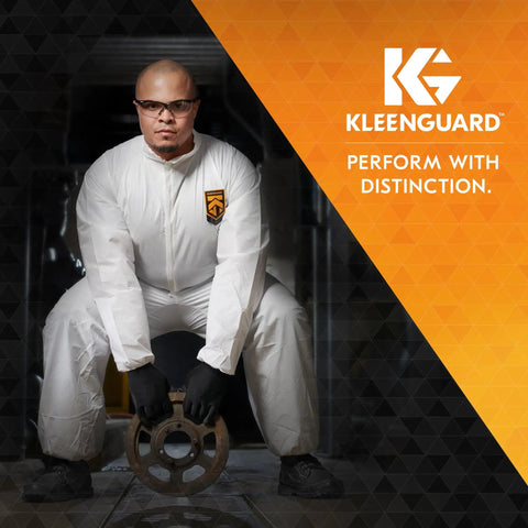 Worker in Disposable Coveralls A35 With Hood White 2XL Liquid And Particle Protection Microporous Film PPE suit holding tool