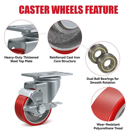 Close-up of Three Inch Heavy Duty Casters Set Of Four Featuring Polyurethane Tread On Cast Iron Core, showing dual ball bearings and steel top plate.