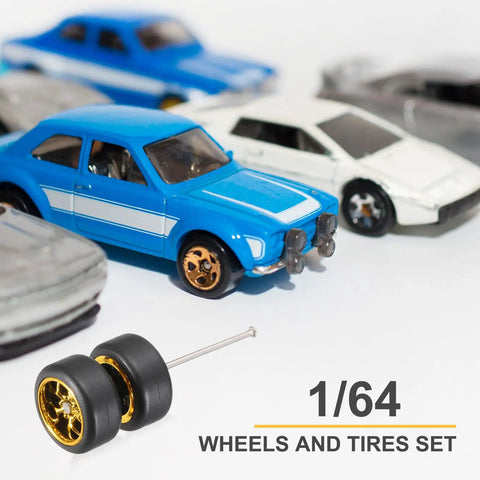 8 Piece 1 By 64 Scale Wheel And Tire Set With Real Riders Rims And Axles For RC Diecast Cars, gold rims displayed with RC cars.