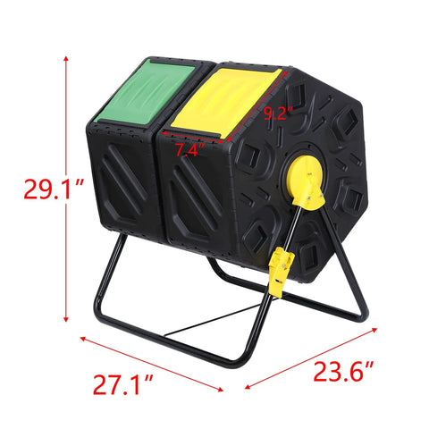 Outdoor 37 Gallon Dual Chamber Compost Bin With Tumbling Drum And Two Sliding Doors in black with corrosion resistant metal frame