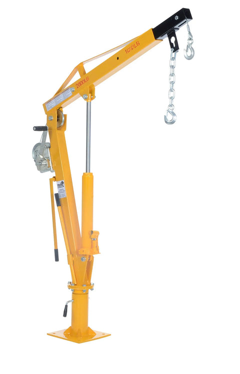 Workhorse Winch Operated Jib Crane With 2000 Lb Capacity And Seven Foot Reach, featuring yellow body and hand winch design.