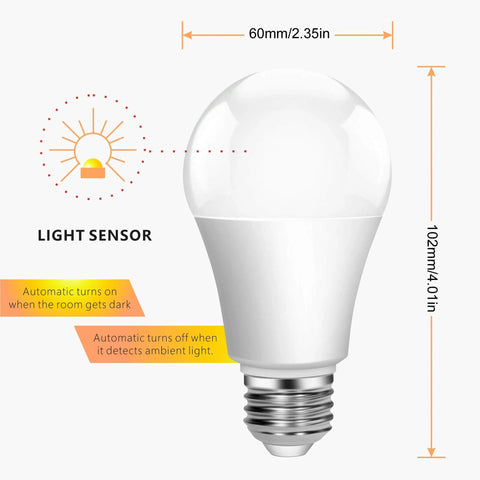 Automatic Dusk To Dawn Outdoor Light Bulb 9W Equivalent To 100W LED E26 A19 120V Cool White 6000K With Built In Photocell Sensor