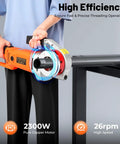 EurHomePlus Electric Pipe Threader Kit With 2300W Motor And 6 Dies For 1/2 To 2 Inch Pipes in use, showcasing threading on a pipe.