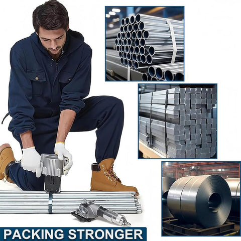 Split Pneumatic Strapping Machine For Metal Banding, Air Operated Steel Belt Tensioner And Cutter in use on metal pipes