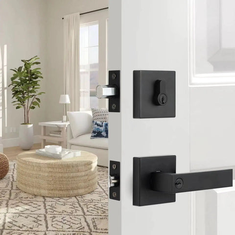Matte Black Front Door Lock Set Three Pack With Single Cylinder Deadbolt And Keyed Entry Lever installed on white door.