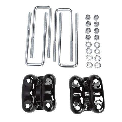 Beefed Up Rear Leaf Spring U Bolt And Plate Kit For 2.5 Inch Wide Springs 8.75 Inch Length Replacement For Blazer C1500 K1500 Silverado 1500 Tahoe Fits GM Trucks And SUVs, steel U-bolts, nuts, washers, and black plates