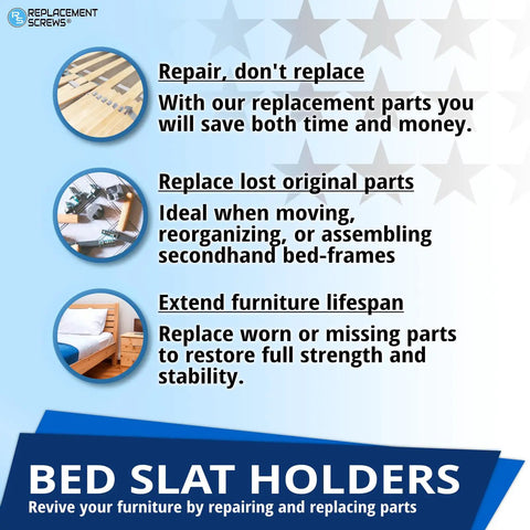 Rugged Bed Slat Holders With Heavy Duty Screws For IKEA Malm And Hemnes Frames durable nylon dowels and repair advice graphic.