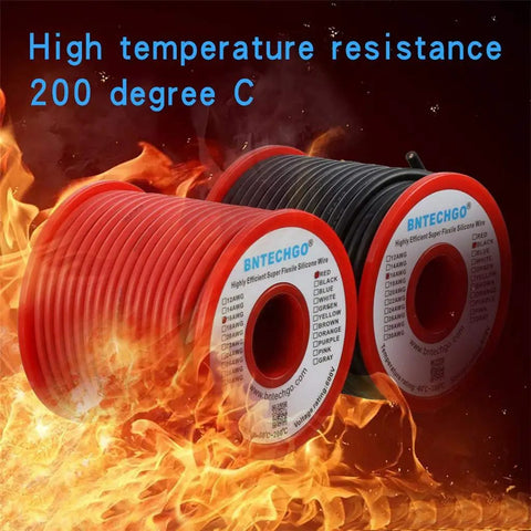 Red And Black 16 AWG Silicone Wire Spool 50 Ft Flexible Tinned Copper Stranded Cable For Car DIY shown with flame effect
