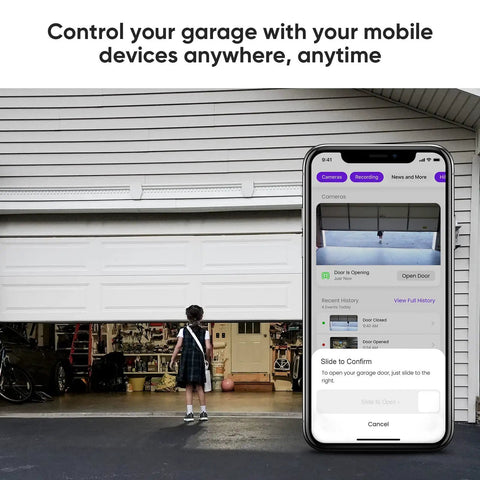 Smart Garage Door Opener Remote With Camera Alexa Voice Control Live Video Left Open Reminder 2 4GHz WiFi Only Security Plus Version Two Point Zero Compatible No Monthly Fee Open Close Your Garage From Anywhere shown with smartphone app interface and garage