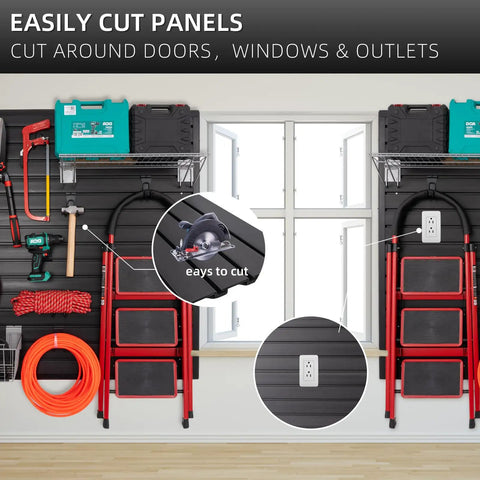 Heavy Duty Slat Wall Panels For Garage Tool Organization And Wall Mount Storage Systems With Slotted Racks Eight By Four Feet PVC Boards easily cut around windows and outlets for versatile installation.