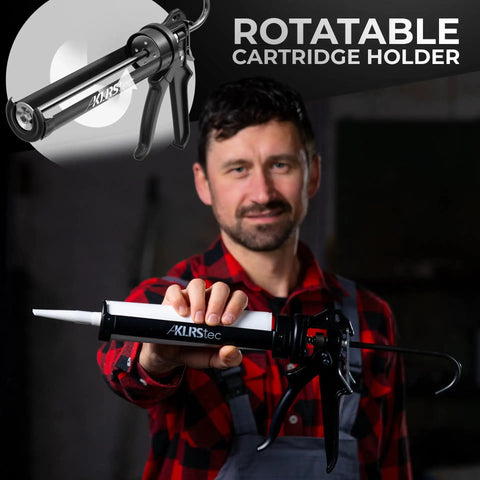 Man holding heavy duty caulking gun with twenty five to one thrust ratio for standard ten ounce 300ml cartridges
