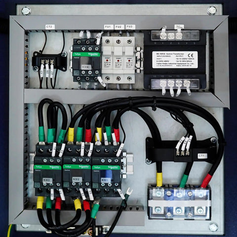 Control panel with relays and transformers for 30HP Rotary Screw Air Compressor Pump 123 CFM At 125 PSI 460V Three Phase Industrial System.