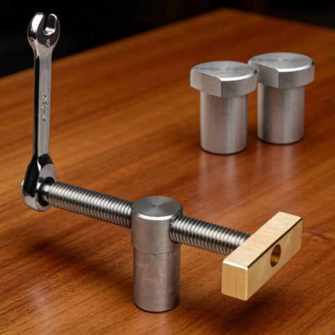 Desktop Vise Clamp For Workbench Boss Bench Dog Ratchet Clamp CNC Machined Precision Tool 19mm Fit Stainless Steel With Brass Bits Built For Makers DIY Hobbyists And Carpenters on wood table