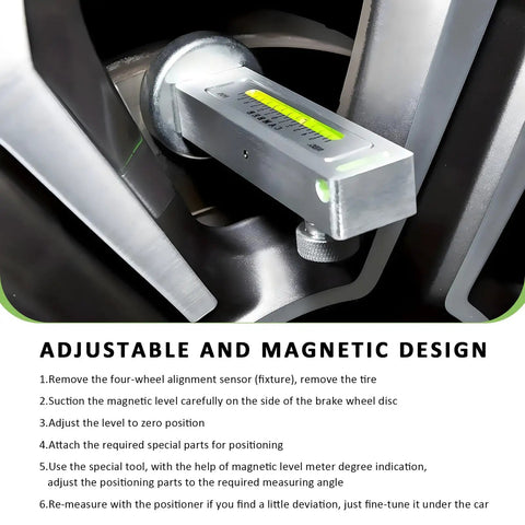 Heavy Duty Magnetic Camber Gauge Tool With Built In Green Bubble Level For Straightening Wheel Angles, mounted on brake rotor.