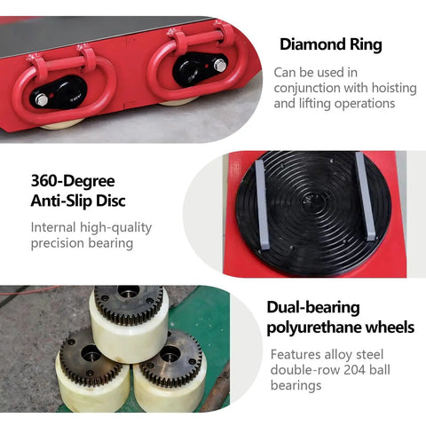 Heavy Duty Electric Machine Dolly Skate With Remote Control For Easy 360 Degree Rotating Industrial Transporter Moving 20 To 50 Ton Loads features diamond ring and anti-slip disc.