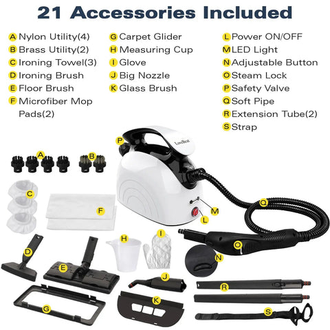 21 accessories included with LoveBeat 300F High Pressure Steam Cleaner With 4.5 Bar Power for multiple cleaning tasks.