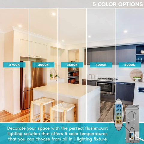 Lit Ultra Thin 4 Inch LED Recessed Light Kit With J Box 5 color temperature display in modern kitchen setting