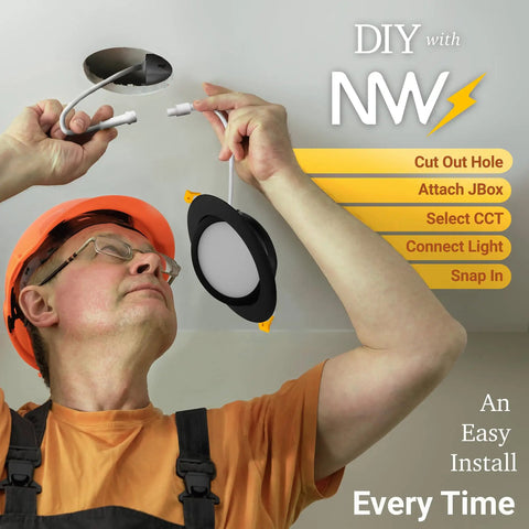 Installation of Six Inch Black Gimbal LED Recessed Canless Wafer Lights With 5 CCTs 2700K To 5000K, Dimmable 1050 Lumen, 12W Downlight