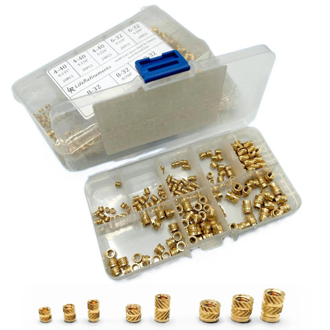 Heat Set Brass Threaded Inserts for Plastic Kit, 160Pcs, 4-40 6-32 8-32 Inch, organized in a plastic case