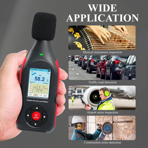 Decibel Meter Data Logger With Real Time Sound Level Readouts, 43,000 Data Capture And Excel Export, Rechargeable Noise Monitor With AC DC Output, Three Color Alarm, PC Connectivity And Main Unit Display handheld digital sound level meter