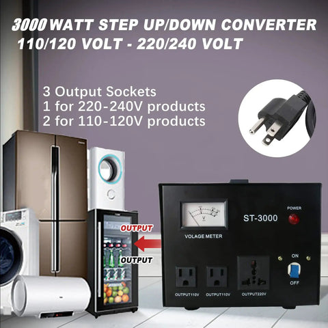 3000 Watt step up/down converter with voltage meter and multiple output sockets for 110V/120V and 220V/240V products