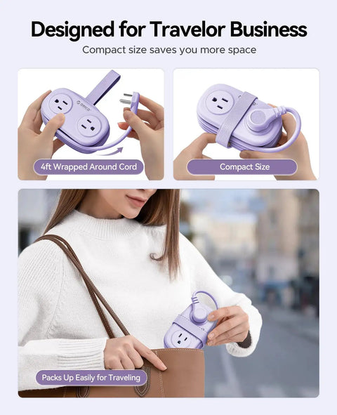 Travel Ready Cruise Approved Power Strip With Four Foot Extension Cord slips easily into a handbag for travel convenience.