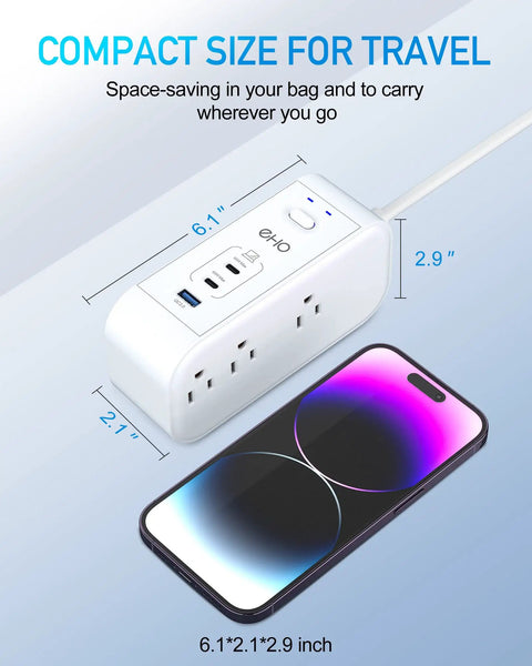 Compact 10FT Surge Protector Power Strip With 65W USB C PD, 6 Outlets, and 3 USB Ports beside smartphone for size comparison.