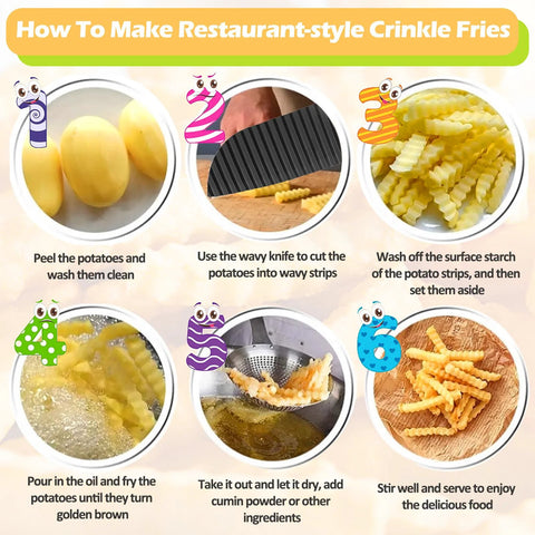 JAYVAR Crinkle Cutter Wavy Slicer, stainless steel kitchen gadget for cutting crinkle fries; six-step infographic.