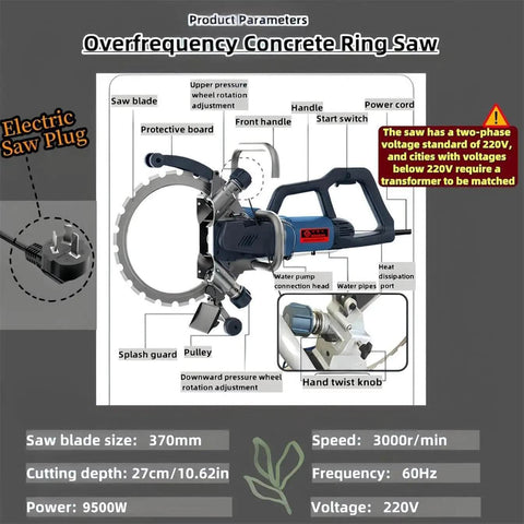 Straight Shooting 8800W Electric Concrete Saw And 270mm Circular Groove Chaser Rig Featuring Water Fed Dust Knockdown Kit For Brick Granite Marble Cutting, features labeled overview.