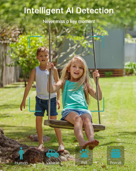 Children playing on a swing in a garden, demonstrating AI detection of movement by Wireless Outdoor Security Camera With Battery Power, 360 Degree View, 2K Clarity, Color Night Vision, Two Way Talk, AI Motion Alerts, Built In Siren, CloudEdge App Compatible For Easy Smart Home Security.