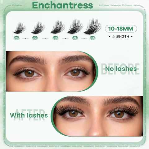 Enchantress Lash Clusters Kit For DIY Lash Extensions showing before and after effects on lashes, 10-18mm length display.