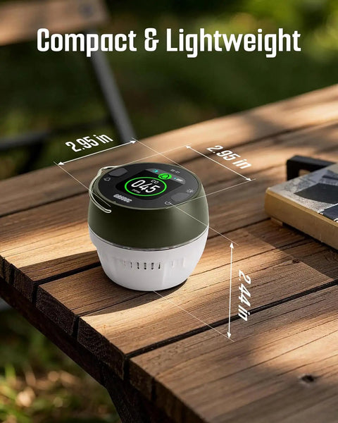 Portable Carbon Monoxide Detector With Ambient Light, Magnetic Mount And Metal Hook on wooden table, compact size