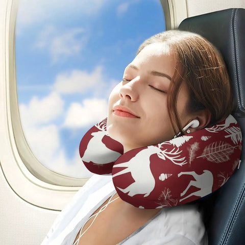 Cozy Christmas Deer Travel Neck Pillow With Memory Foam U Shape Support, woman napping on airplane with festive design