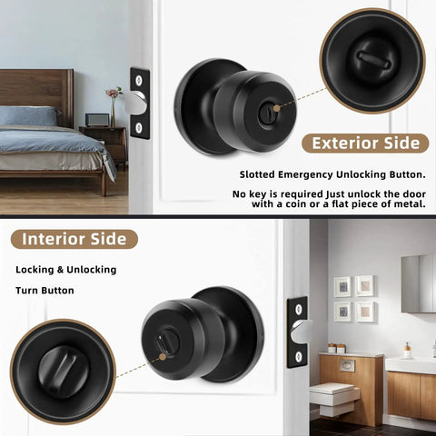8 Pack Privacy Door Knobs Matte Black Keyless Interior Passage Lockset shown on bedroom and bathroom doors
