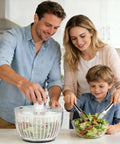 Family using Big Ol 6.3 Qt Salad Spinner With Fully Removable Lid One Hand Press Pump Instant Stop Brake Button in kitchen