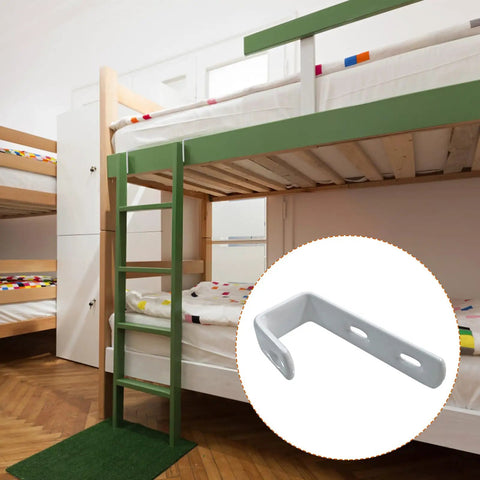 Top Shelf Heavy Duty Four Piece Bunk And Loft Bed Ladder Brackets Rust Resistant PVC Coated Stainless Steel Angular Support Hooks in use with green ladder.