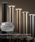Multiple metal finishes of pivoting toilet tissue holder from Components Collection premium metal bath hardware with corrosion resistant finish