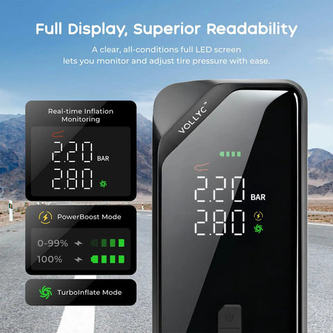 Portable Tire Inflator Air Pump With 150 PSI Cordless Design and digital pressure gauge screen, close-up view.