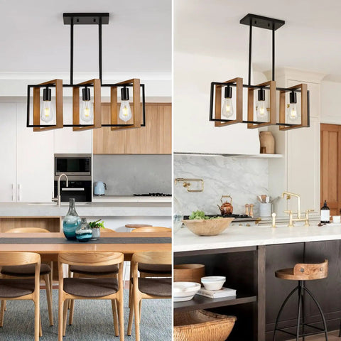 Modern Farmhouse 23.6 Inch Kitchen Island Light With Three Lights, Rectangular Dining Table Chandelier, installed over kitchen islands